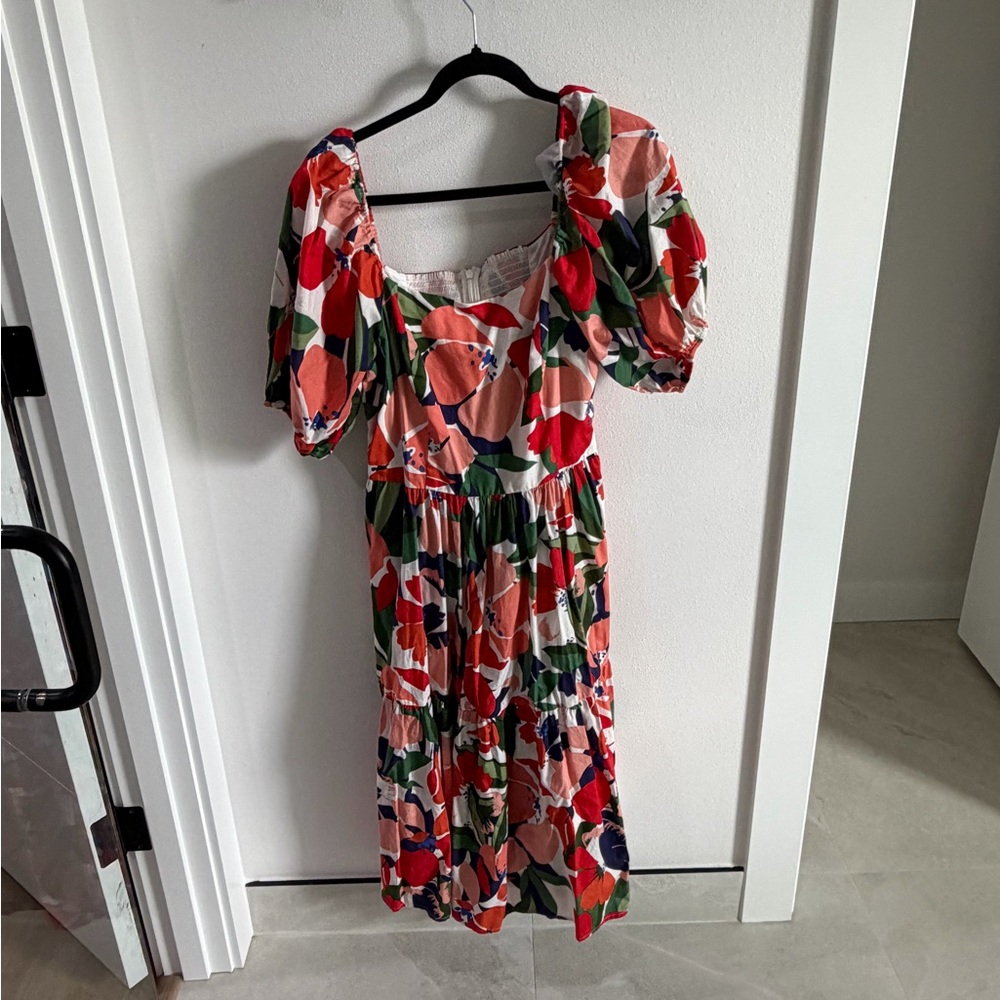 Vince Camuto Red Coral Floral Puff-Sleeve Midi Dress